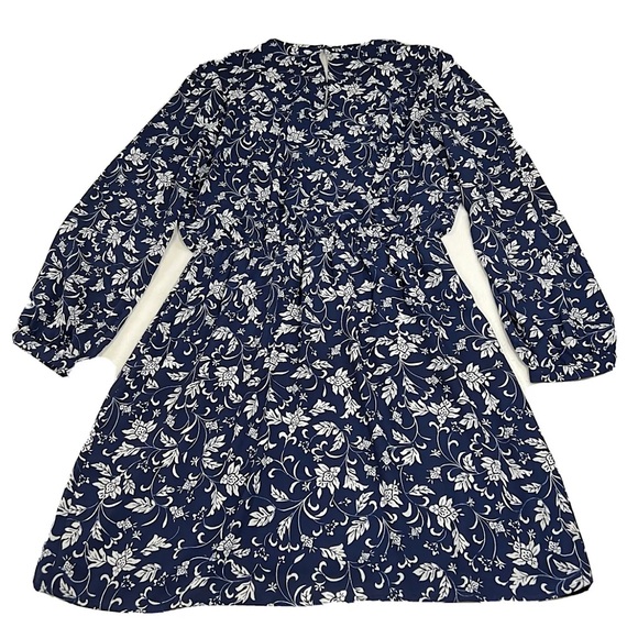 Express Dress Womens Medium Navy Blue Floral Long Sleeve Lace Trim - Picture 3 of 16